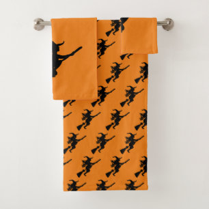 Witch on a Broom Silhouette Bath Towel Set