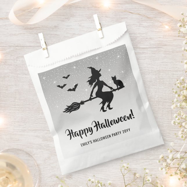 Witch On A Broom Silver Grey And Black Halloween Favour Bags (Clipped)