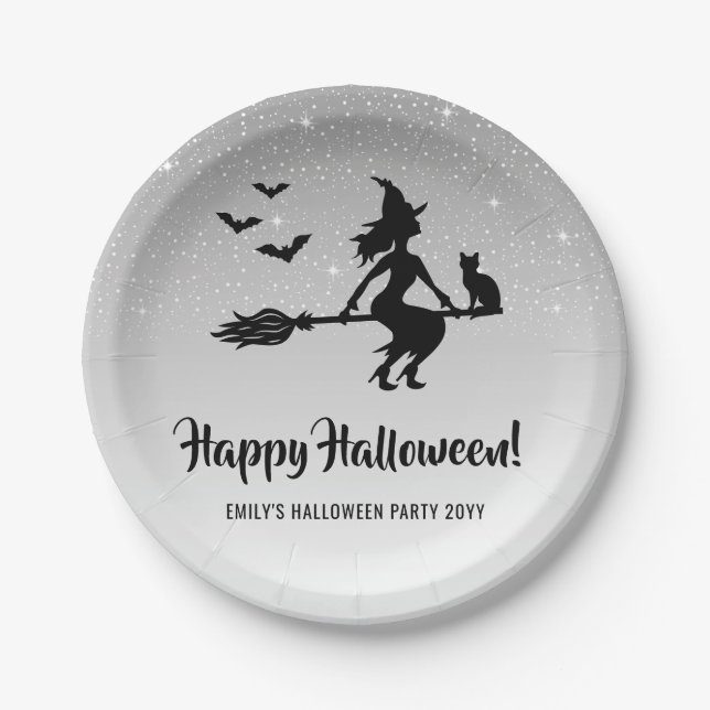 Witch On A Broom Silver Grey And Black Halloween Paper Plate (Front)