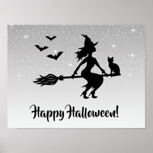 Witch On A Broom Silver Grey And Black Halloween Poster