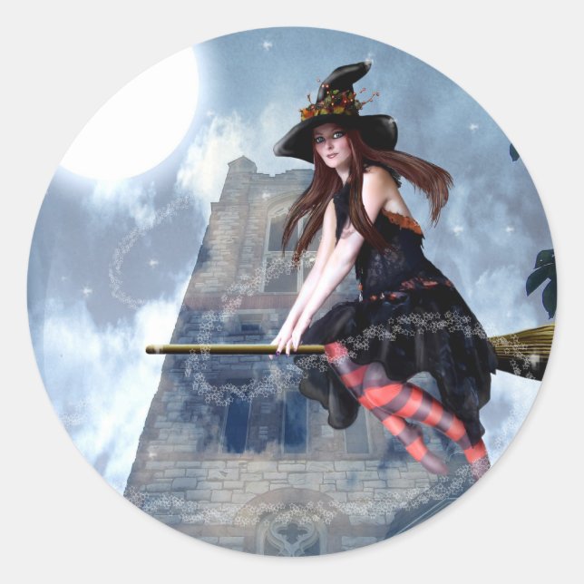 Witch on a Broom (Stickers) Classic Round Sticker (Front)