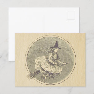 Witch on a Broom Vintage Postcard