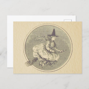 Witch on a Broom Vintage Postcard