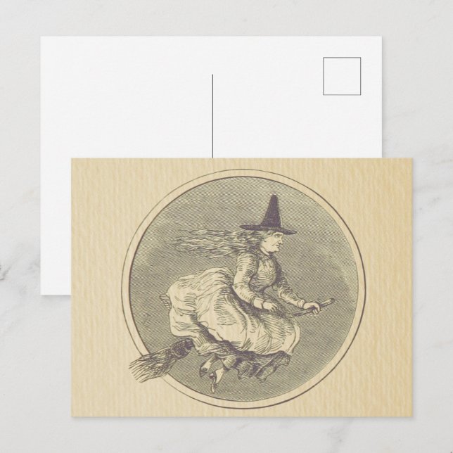 Witch on a Broom Vintage Postcard (Front/Back)