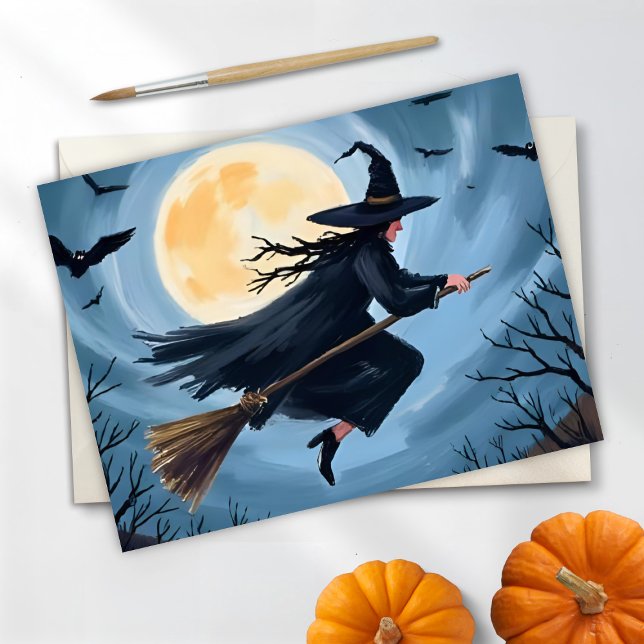 Witch on a Broomstick | Happy Halloween Painted Holiday Postcard (Creator Uploaded)