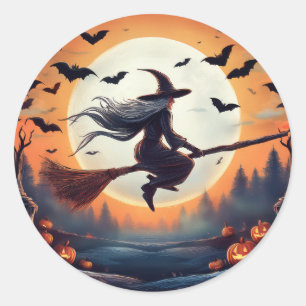  Witch on a Broomstick in the Moonlight with Bats  Classic Round Sticker