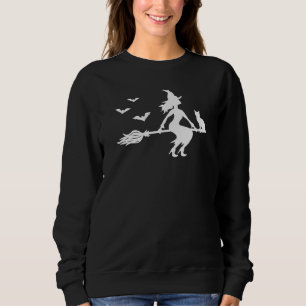 Witch On A Broomstick With Cat And Bats Halloween Sweatshirt