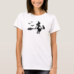 Witch On A Broomstick With Cat And Bats Halloween T-Shirt