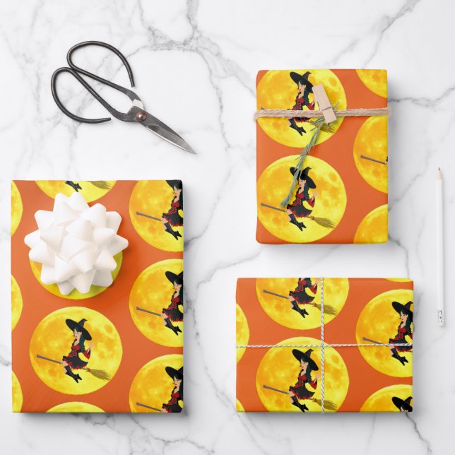 Witch on a  Broomstick Wrapping Paper Sheets (Front)
