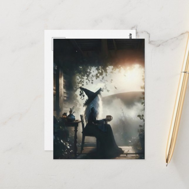 Witch on a Porch With Coffee Postcard (Front/Back In Situ)