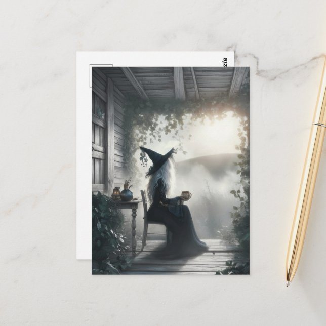 Witch on a Porch With Coffee Postcard (Front/Back In Situ)