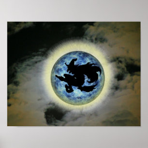Witch On Broom Blue Full Moon Halloween Poster