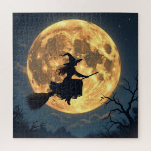 Witch on Broom by Full Moon Halloween Jigsaw Puzzle