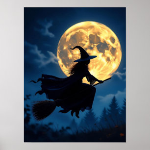 Witch on Broom by Full Moon Halloween Poster