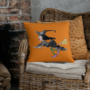 Witch On Broom Halloween Pillow