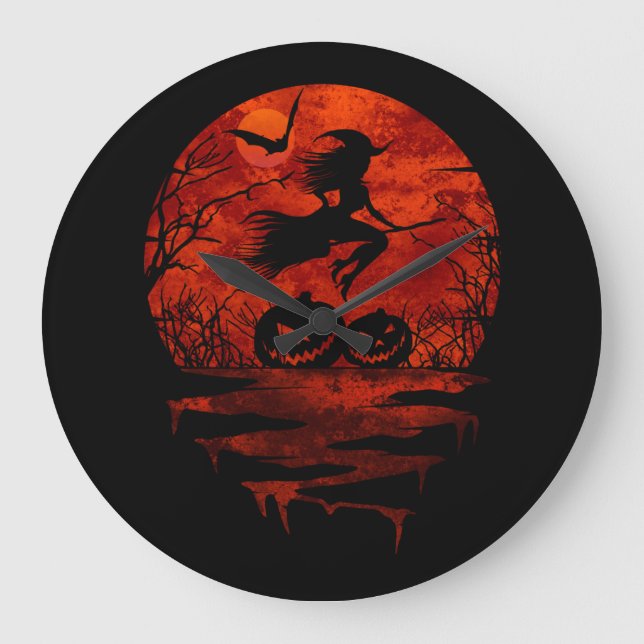 WITCH ON BROOM RED MOON LARGE CLOCK (Front)