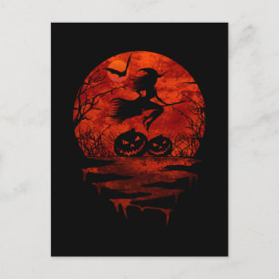 WITCH ON BROOM RED MOON POSTCARD