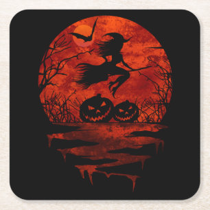WITCH ON BROOM RED MOON SQUARE PAPER COASTER