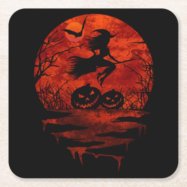 WITCH ON BROOM RED MOON SQUARE PAPER COASTER (Front)