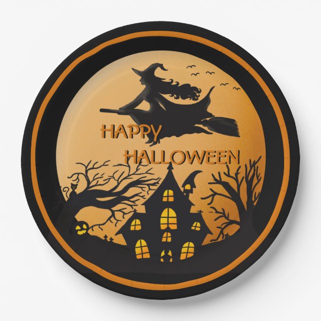 Witch on Broom Spooky Halloween House Trees Paper Plate (Front)