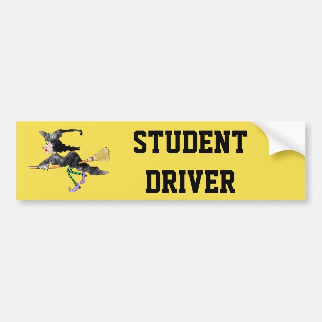 WItch On Broom Student Driver Bumper Sticker (Front)