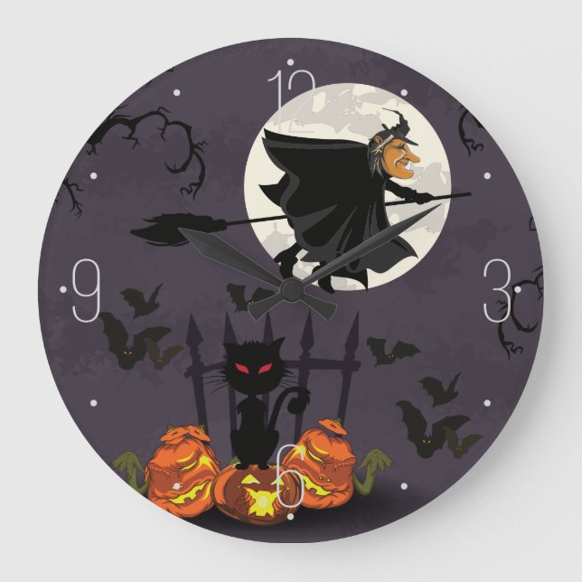 Witch on broomstick, black cat, pumpkins Halloween Large Clock (Front)