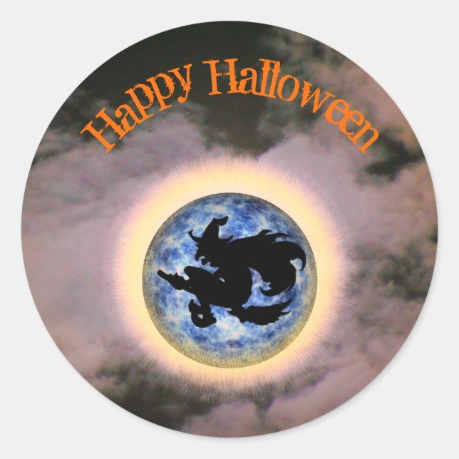 Witch On Broomstick Full Moon Halloween Classic Round Sticker (Front)