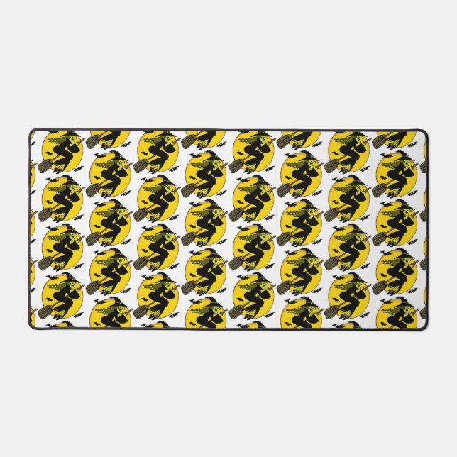 Witch On Broomstick Halloween Pattern Desk Mat (Front)