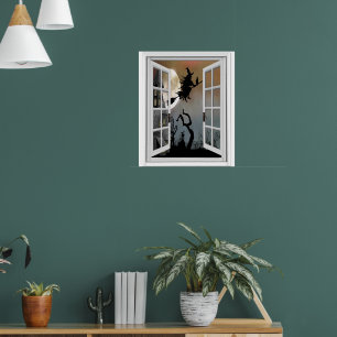 Witch On Broomstick Window View Halloween Poster