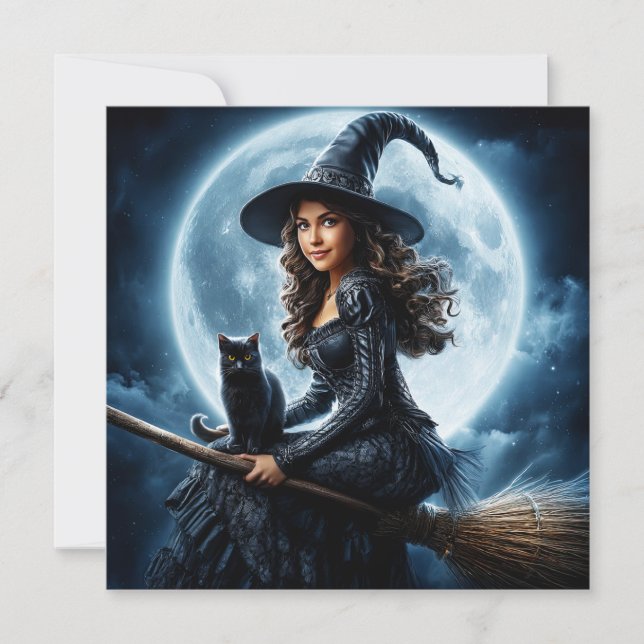 Witch on Broomstick with Black Cat Card (Front)