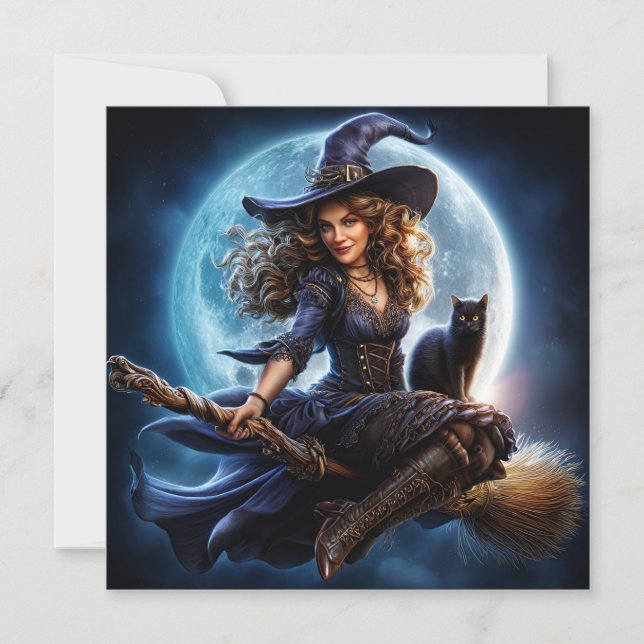 Witch on Broomstick with Black Cat Card (Front)