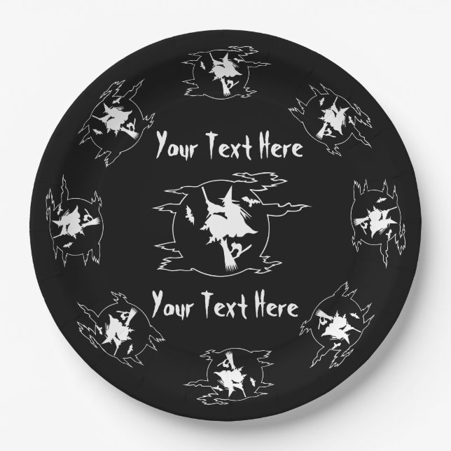 witch on broomstick with cat and bat halloween  paper plate (Front)