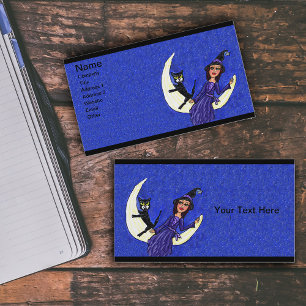 Witch On Crescent Moon Black Cat Blue Business Card