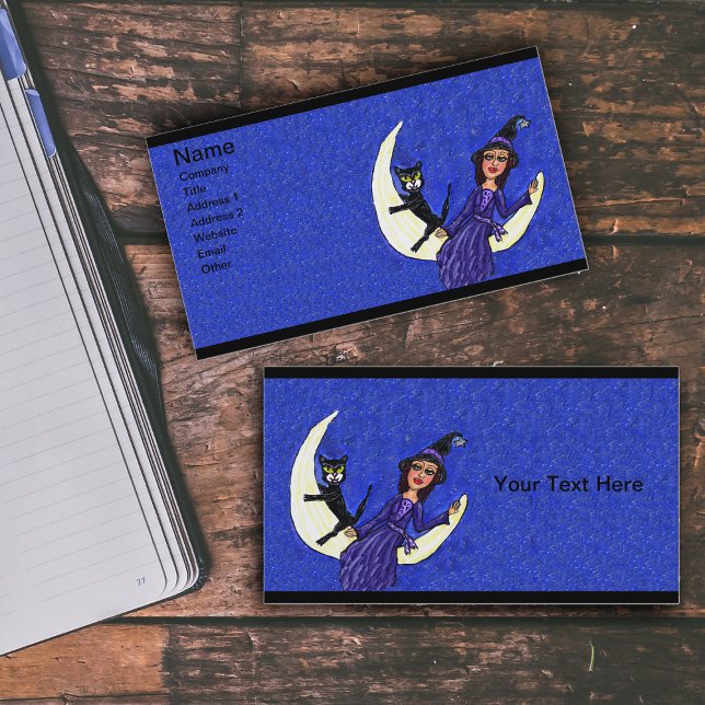 Witch On Crescent Moon Black Cat Blue Business Card (Witch in purple dress on crescent moon with black cat in blue star studded sky on business cards.)