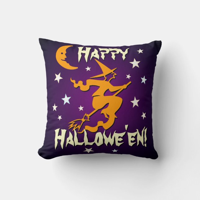 Witch on Front Cat on Back Happy Hallowe'en Purple Cushion (Front)
