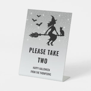 Witch On Grey Halloween Trick Or Treat Take Candy Pedestal Sign