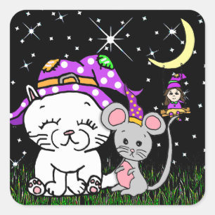 Witch on Moon Cat and Mouse Halloween Square Sticker