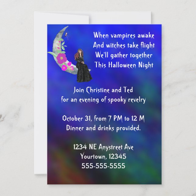 Witch on Moon with Flower & Spider Halloween Party Invitation (Front)