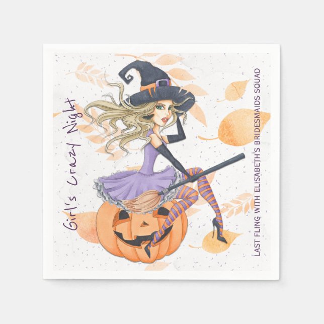 Witch on pumpkin Halloween bachelorette party Napkin (Front)