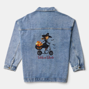 Witch on scooter with basket denim jacket