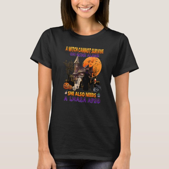 Witch On Wine She Needs A Lhasa Apso Dog Halloween T-Shirt (Front)