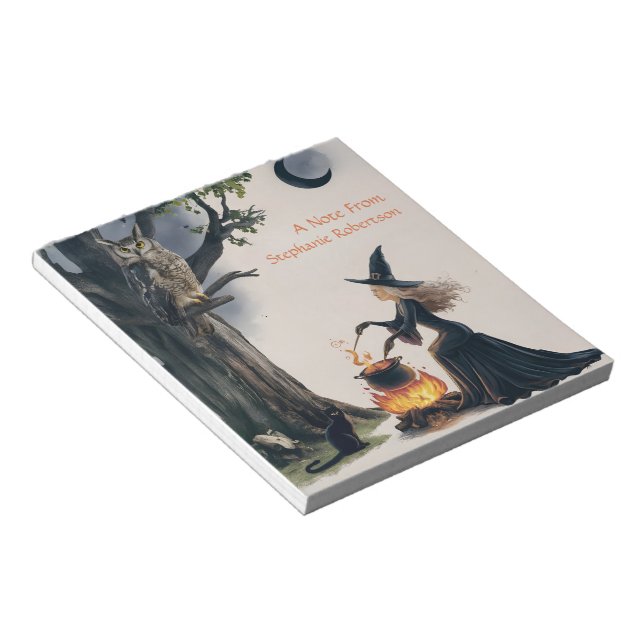 Witch Owl Black Cat Crescent Moon Halloween Theme Notepad (Angled)