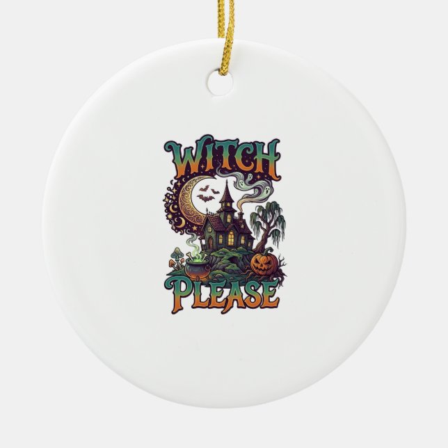 Witch Please Haunted House Crescent Moon Cauldron  Ceramic Tree Decoration (Front)