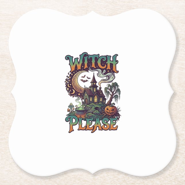 Witch Please Haunted House Crescent Moon Cauldron  Paper Coaster (Front)