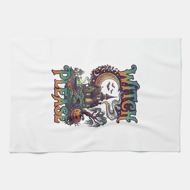 Witch Please Haunted House Crescent Moon Cauldron  Tea Towel (Horizontal)