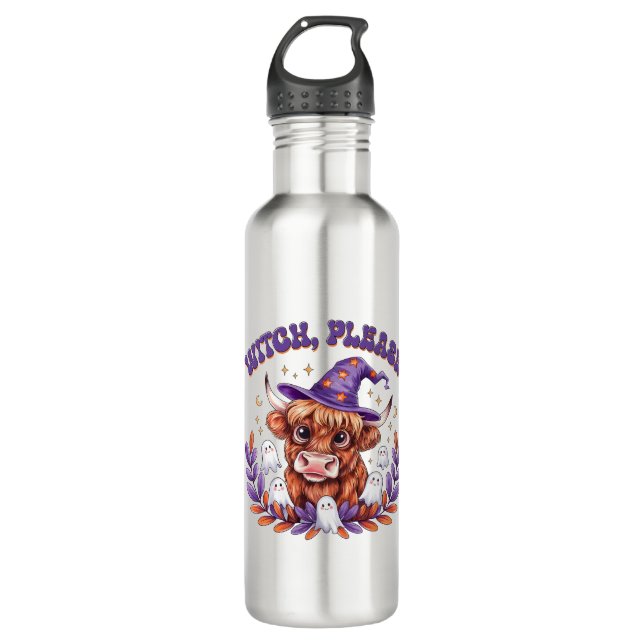 Witch Please Highland Cow Halloween 710 Ml Water Bottle (Front)