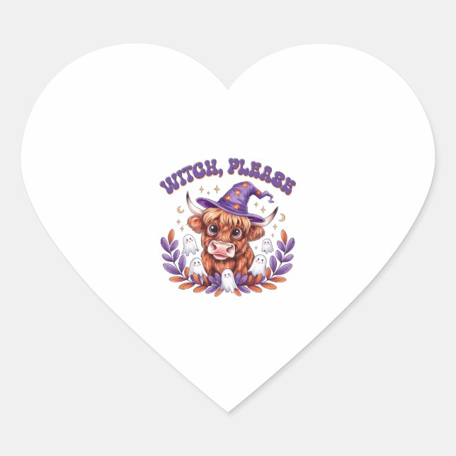 Witch Please Highland Cow Halloween Heart Sticker (Front)
