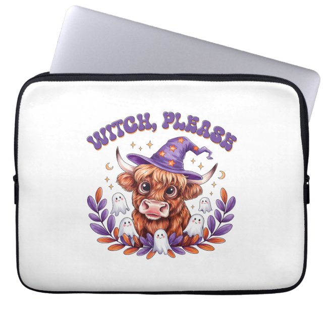 Witch Please Highland Cow Halloween Laptop Sleeve (Front)