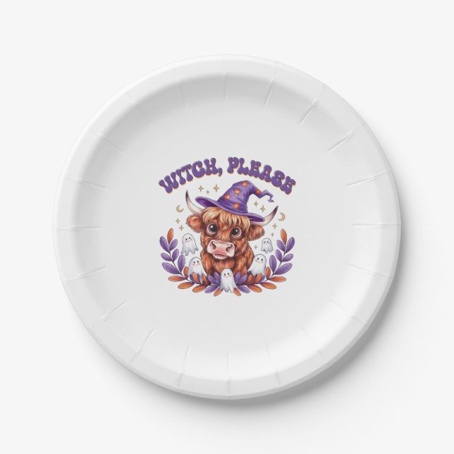 Witch Please Highland Cow Halloween Paper Plate (Front)