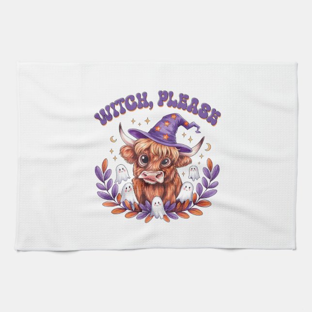 Witch Please Highland Cow Halloween Tea Towel (Horizontal)